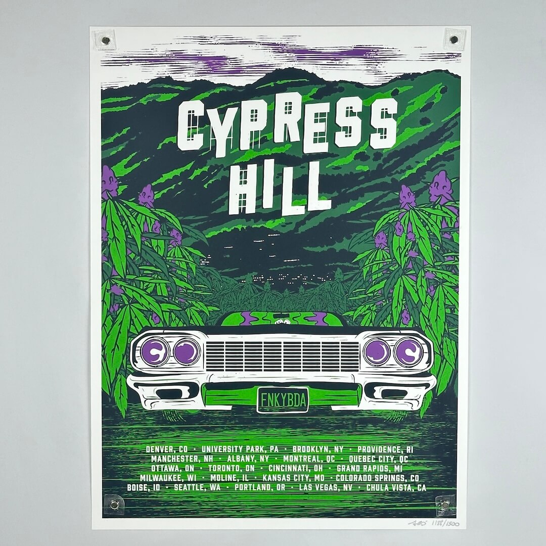 Cypress Hill concert poster with a green and purple design featuring a car and mountain landscape.