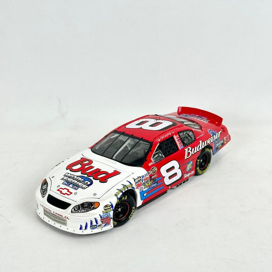 Model race car with Budweiser and other sponsor logos on a white background