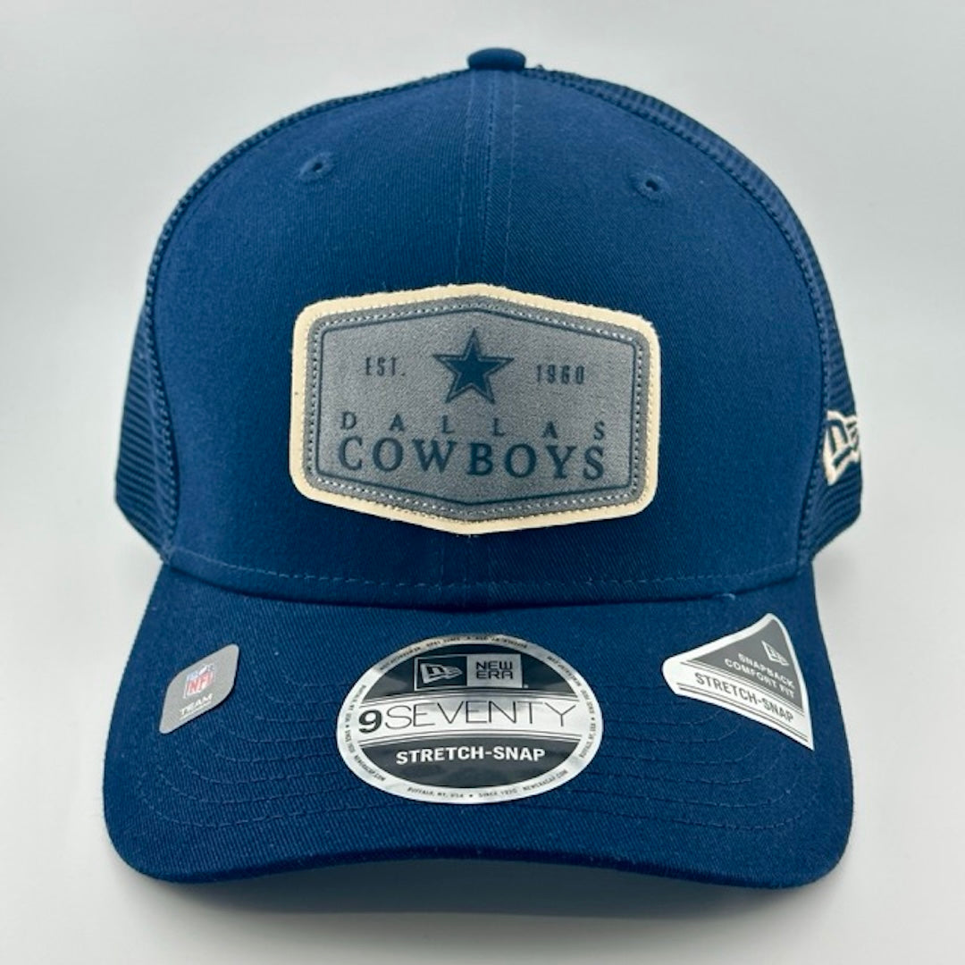 Cap with navy plastic mesh back, face & brim. Dallas Cowboys patch logo stitched front-center. New Era logo on left side.