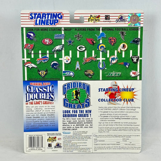 Starting Lineup toy packaging with NFL team logos on a gray background