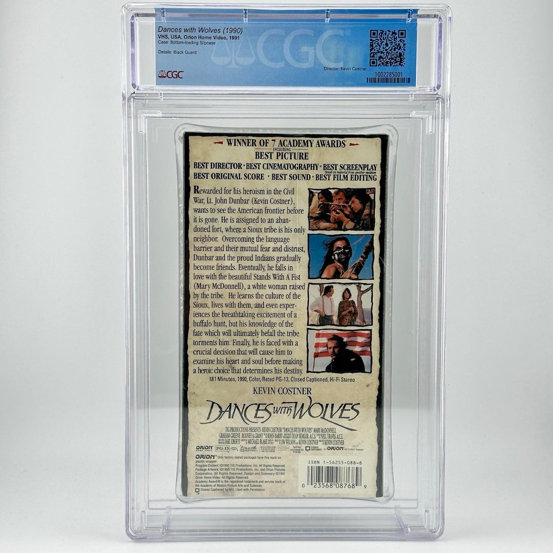 Acrylic case with vhs inside showing back side of VHS box. CGC grading logo above in blue.