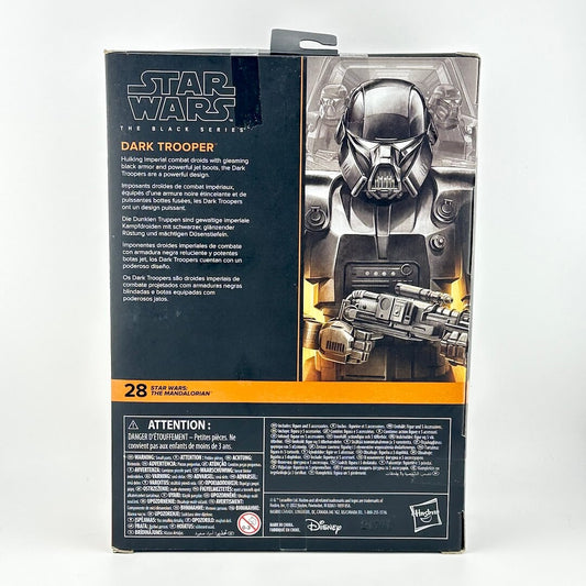 Star Wars The Black Series Dark Trooper action figure box back view, showing character artwork, & product details.