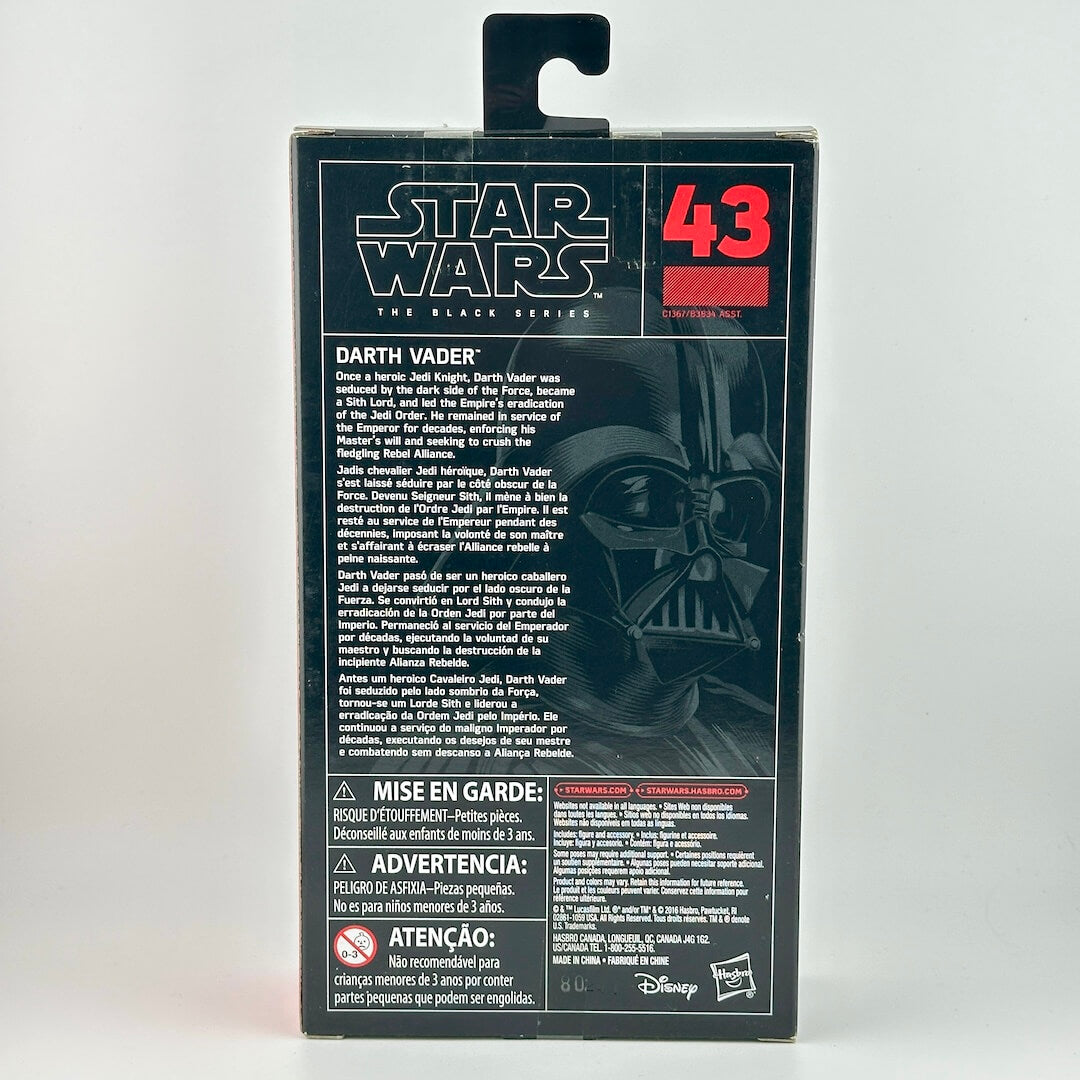 Star Wars The Black Series Darth Vader figure box, showing the back of the packaging with product details.