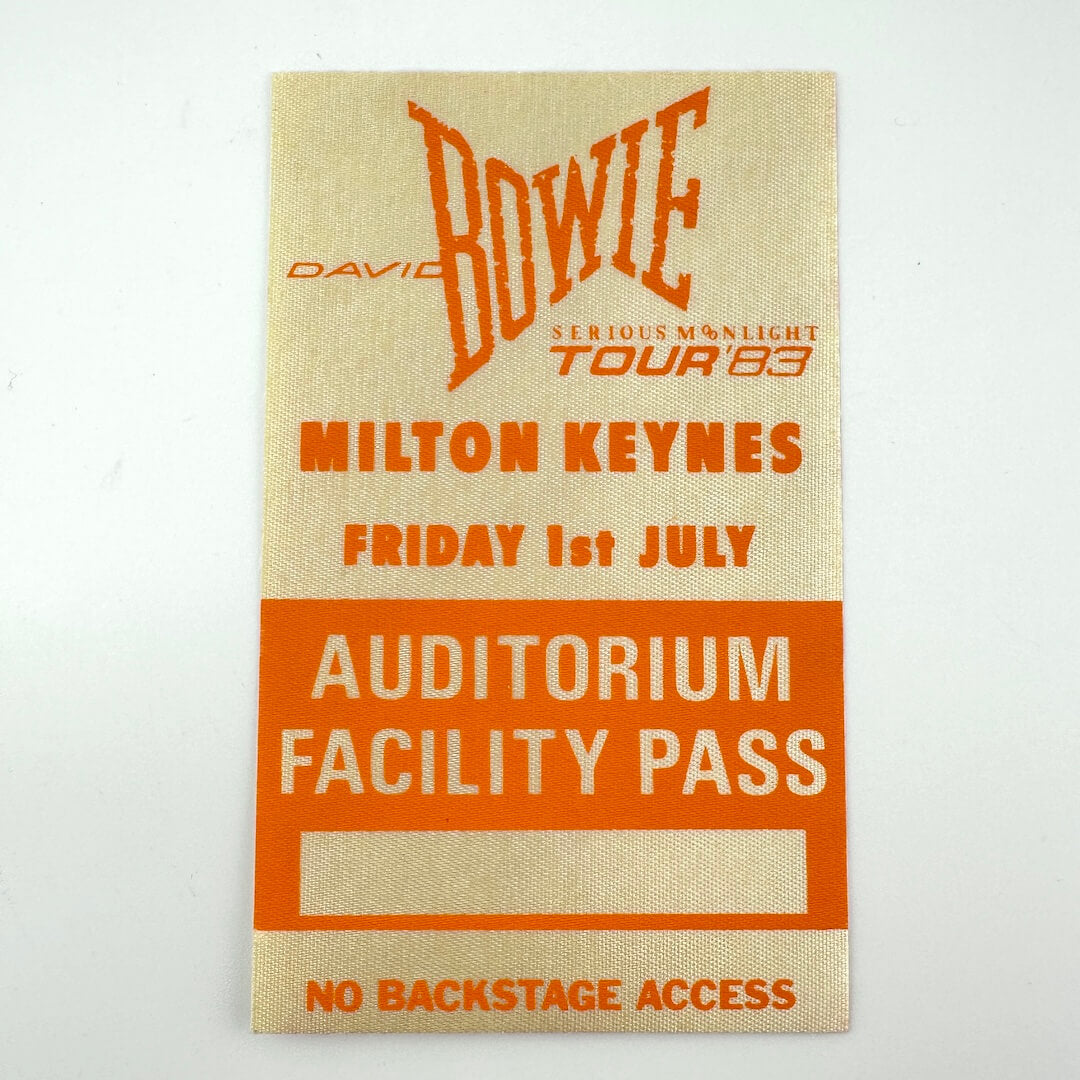 Facility pass for David Bowie's Serious Moonlight Tour '83 in Milton Keynes on a white background
