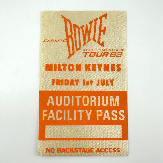 Facility pass for David Bowie's Serious Moonlight Tour '83 in Milton Keynes on a white background