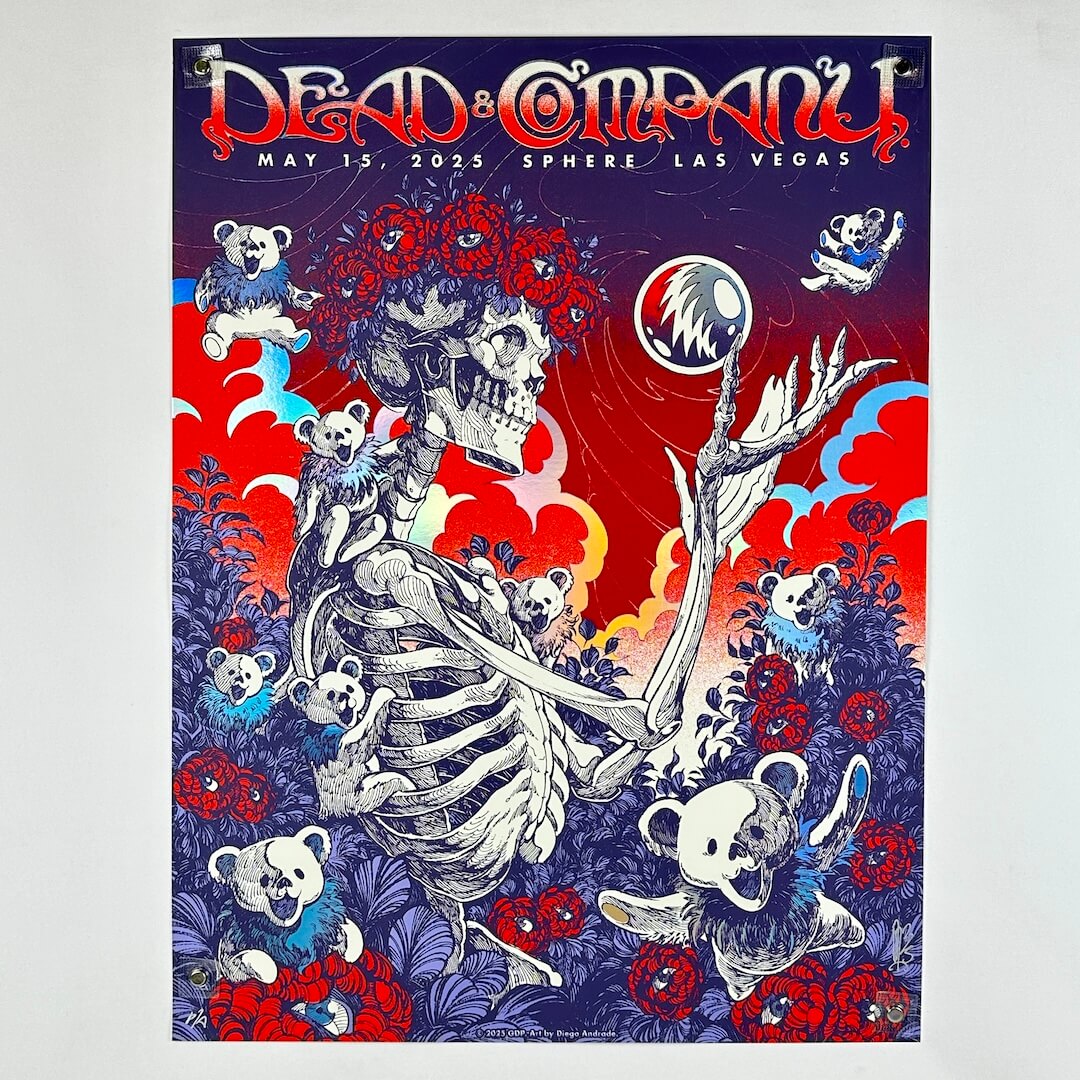 Promotional poster for Dead & Company concert featuring a skeleton and bears with event details.