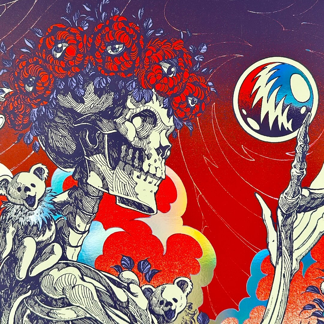 Artistic depiction of a skull with floral elements and bears, featuring a colorful background.