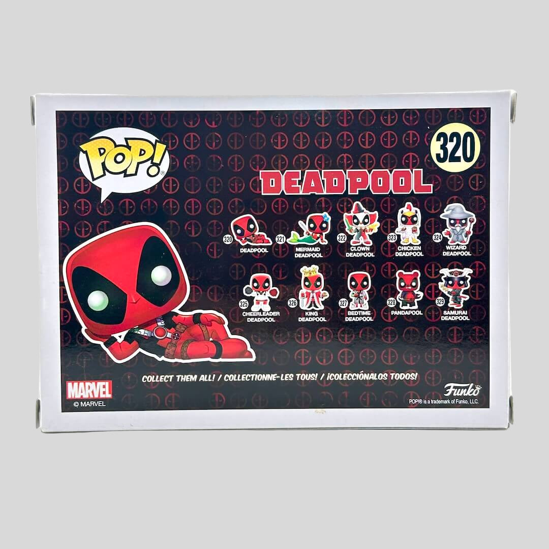 Funko Pop! Marvel Deadpool action figure packaging with character illustrations on a white background