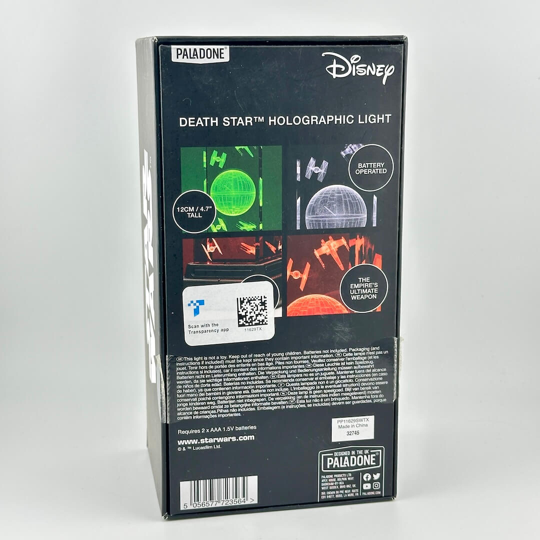 Disney Death Star Holographic Light by Paladone retail packaging box, showing the back panel with product details.