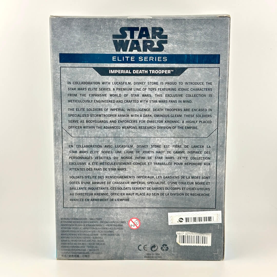The back of a Star Wars Star Wars Elite Series Imperial Death Trooper toy packaging, featuring product details.