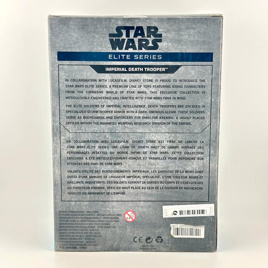 The back of a Star Wars Star Wars Elite Series Imperial Death Trooper toy packaging, featuring product details.