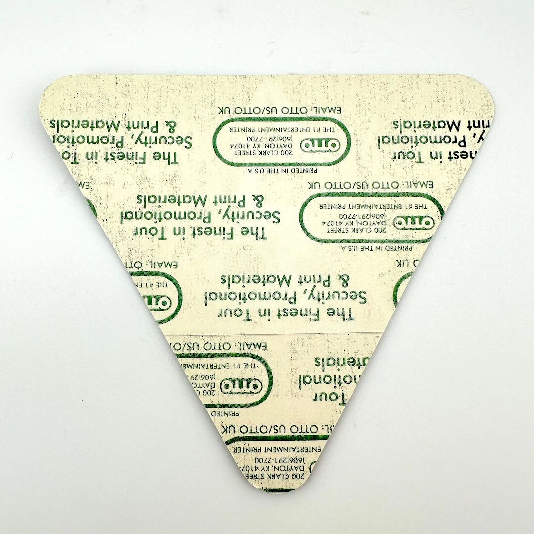 Triangular piece of paper with printed text and a logo on a white background