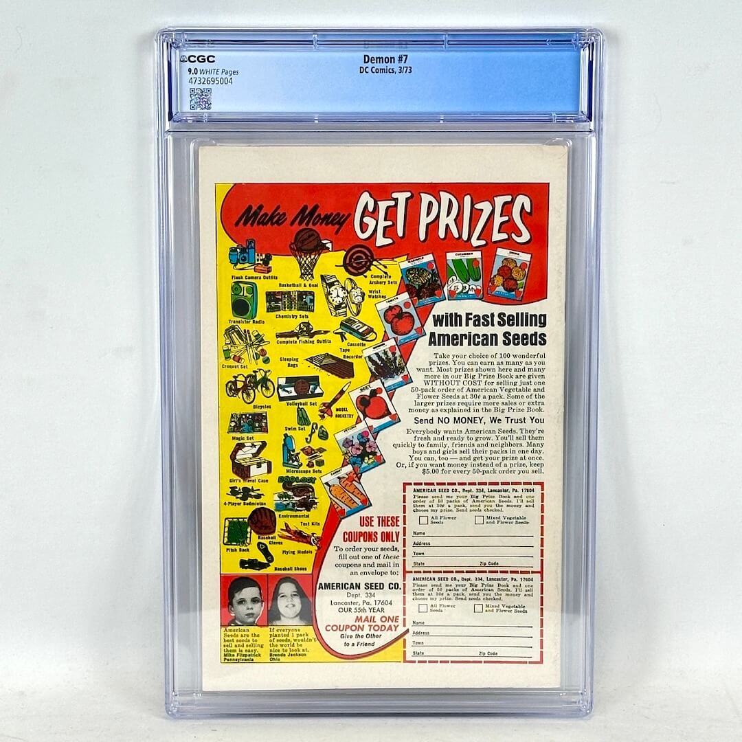 Backside of encapsulated comic book featuring an add for seeds.