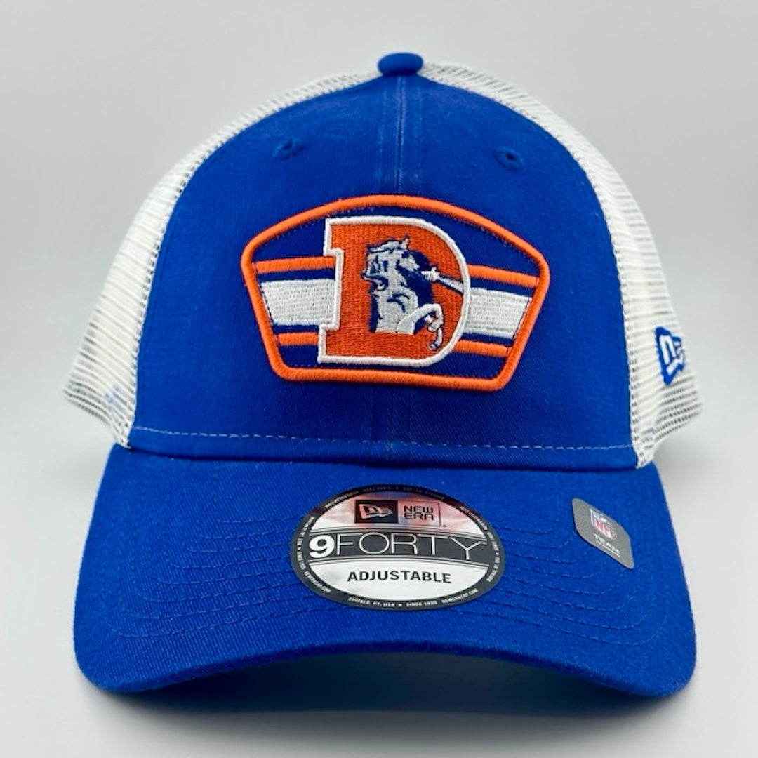 Cap with white plastic mesh back, blue face & brim. Broncos D patch logo embroidered front-center. New Era logo on side.