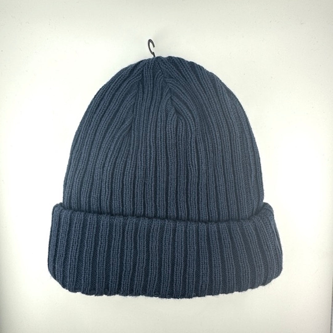 Navy knit beanie with team crest logo patch front center. Orange new era logo off center.