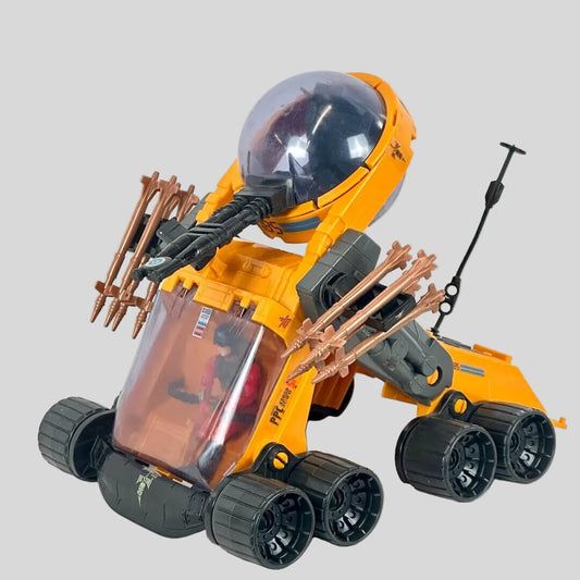 Toy vehicle with bubble cockpit against white background.