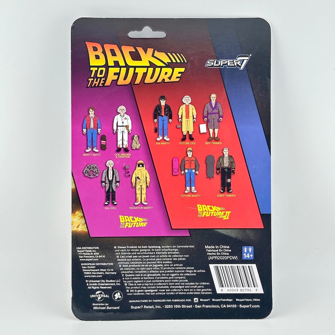 Super7 Back to the Future action figure blister card packaging, featuring multiple retro-future character figures.