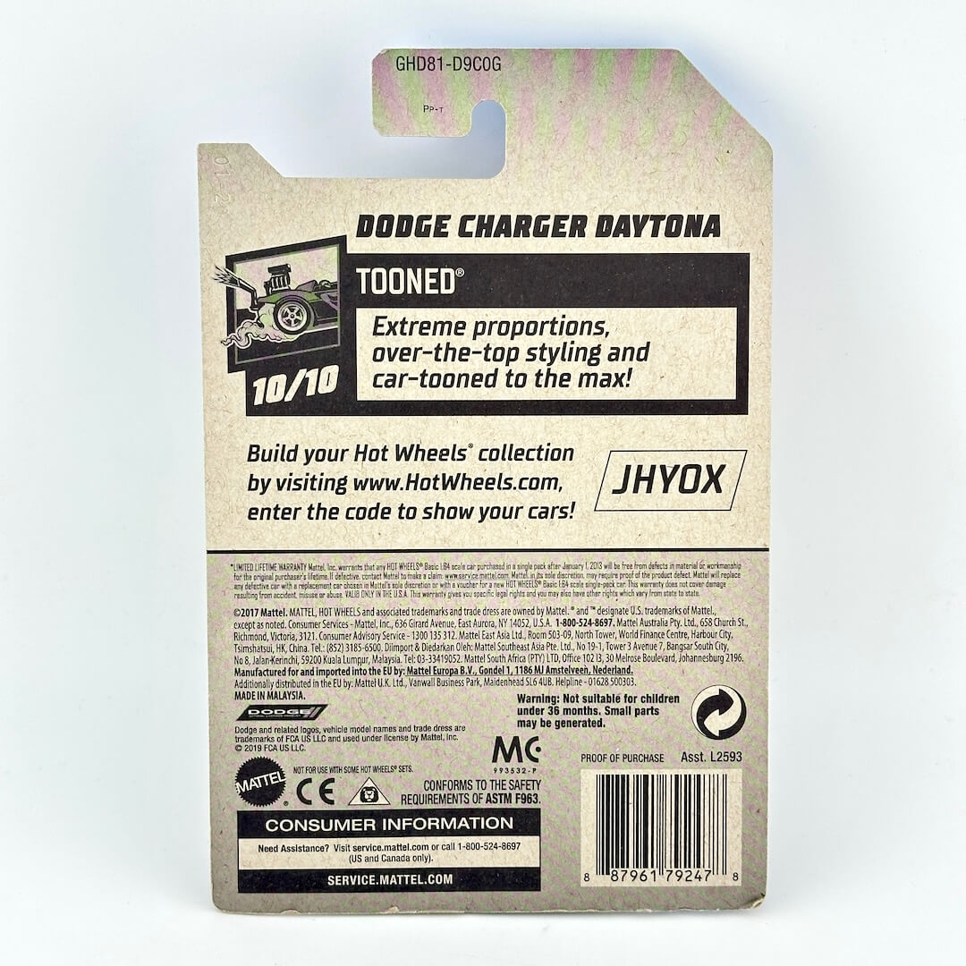 The back of a Hot Wheels packaging card for the Dodge Charger Daytona Tooned model car.