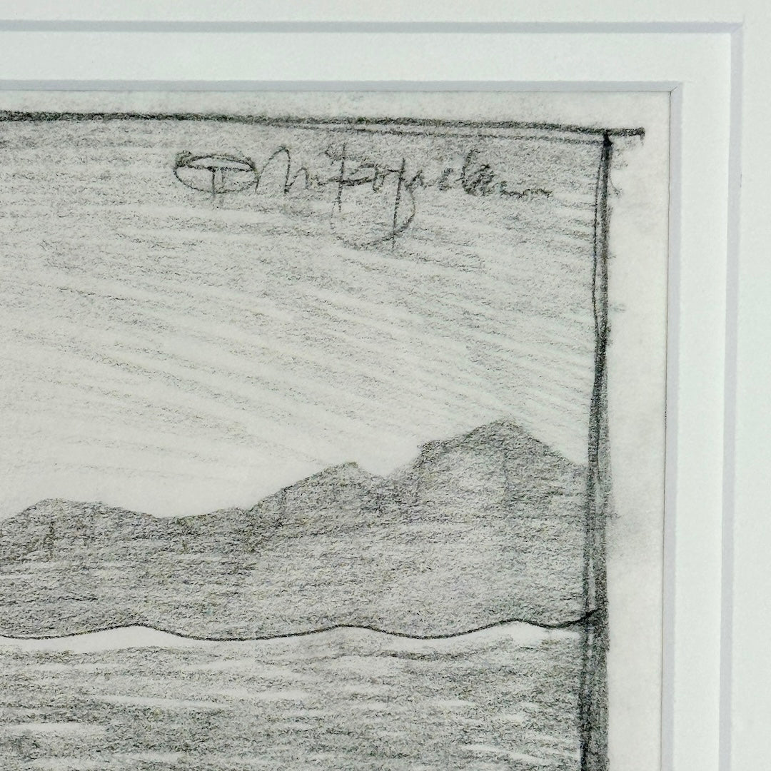 pencil signature from artist Monte Dolack. Hans sketched mountains under signature.