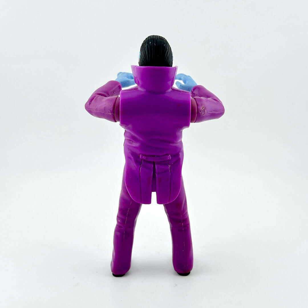 Purple action figure with black hair on a white background