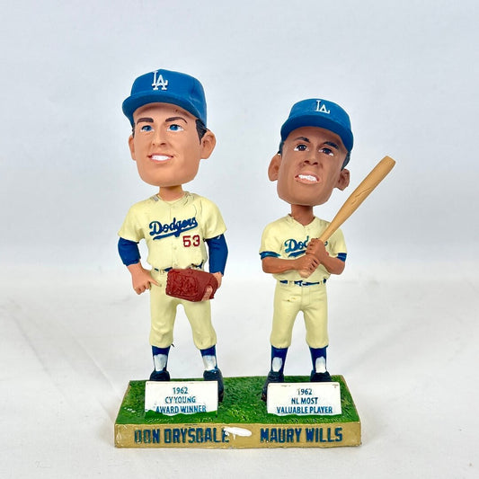 A pair of Ron Drysdale and Maury Wills Los Angeles Dodgers bobblehead figurines standing side by side on a base.