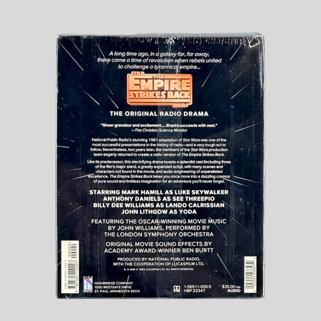 Back cover of a Star Wars audio book packaging with text and branding.