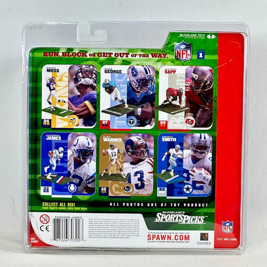 Packaged toy figures with NFL branding on a gray background
