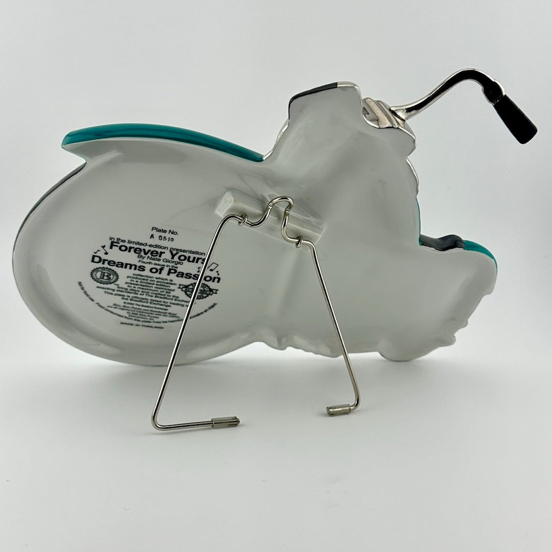 Back of plate to show attached wire stand and plate information on front wheel.