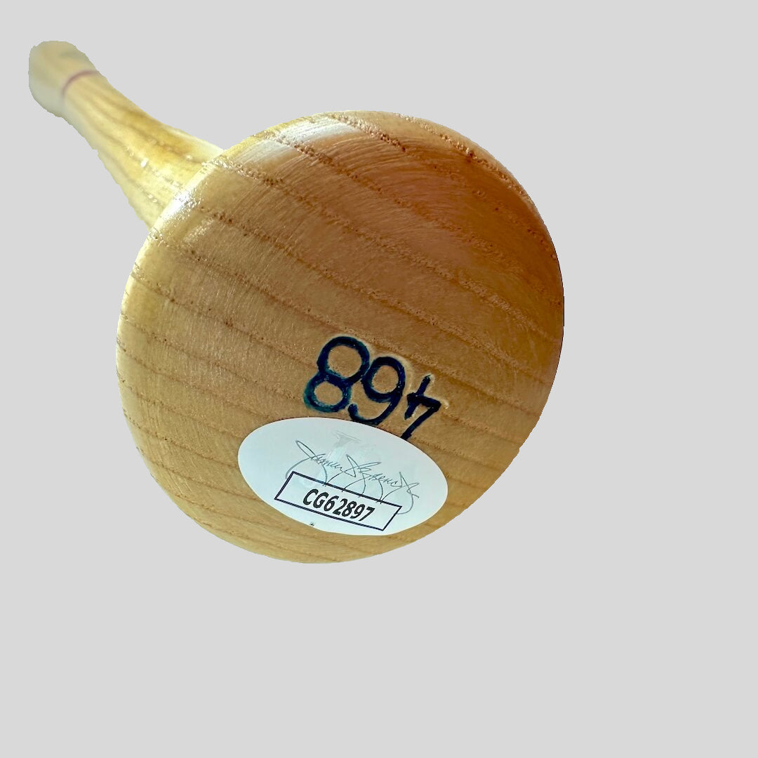 Baseball bat knob with '468' and JSA authentication sticker with number 'CG62897'.