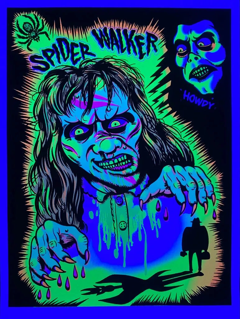 Girl with grotesque face, backlit in yellow, white face at top right corner, man silhouette bottom right, spider top left.