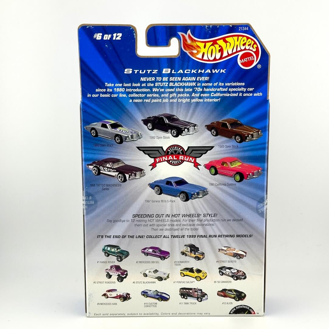 Hot Wheels Stutz Blackhawk diecast toy car in its original blister packaging, showing the back with product details.