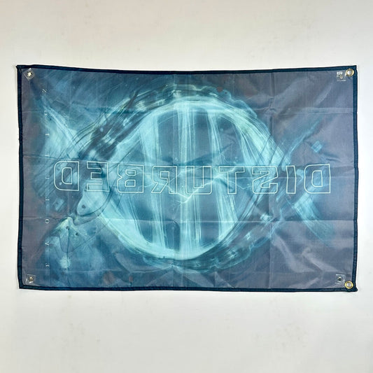 Blue abstract design flag with a logo on a white background