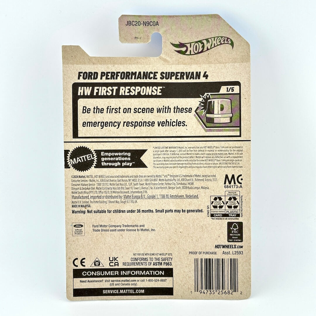The back of a Mattel Hot Wheels toy packaging card for the Ford Performance Supervan 4, featuring product details.
