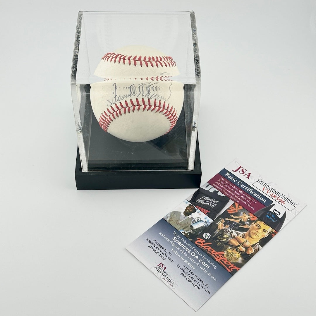 Signed Rawlings baseball with black ballpoint pen in sweet spot, in clear acrylic case with certification card.