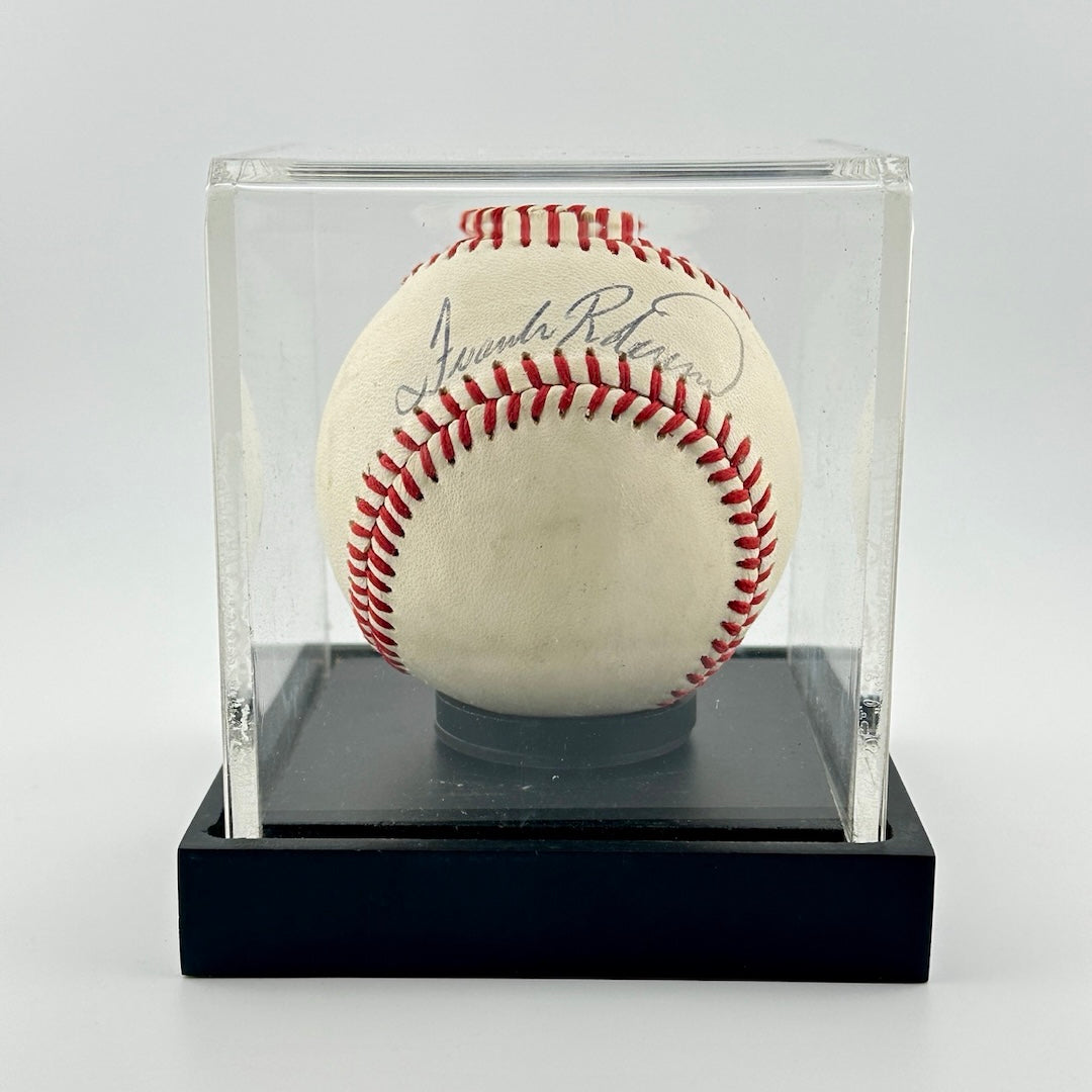 Signed Rawlings baseball with black ballpoint pen in sweet spot, in clear acrylic case