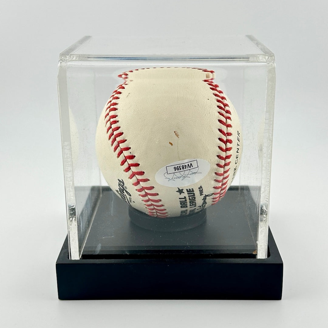 Signed Rawlings baseball with JSA sticker in sweet spot, in clear acrylic case.
