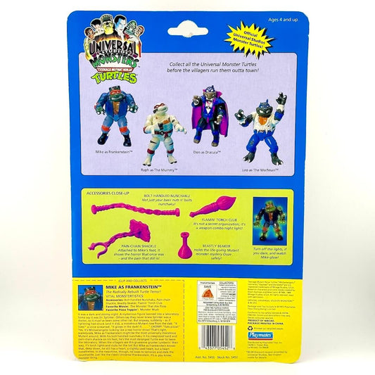 Toy figure packaging with illustrations of characters and accessories on a blue and yellow background