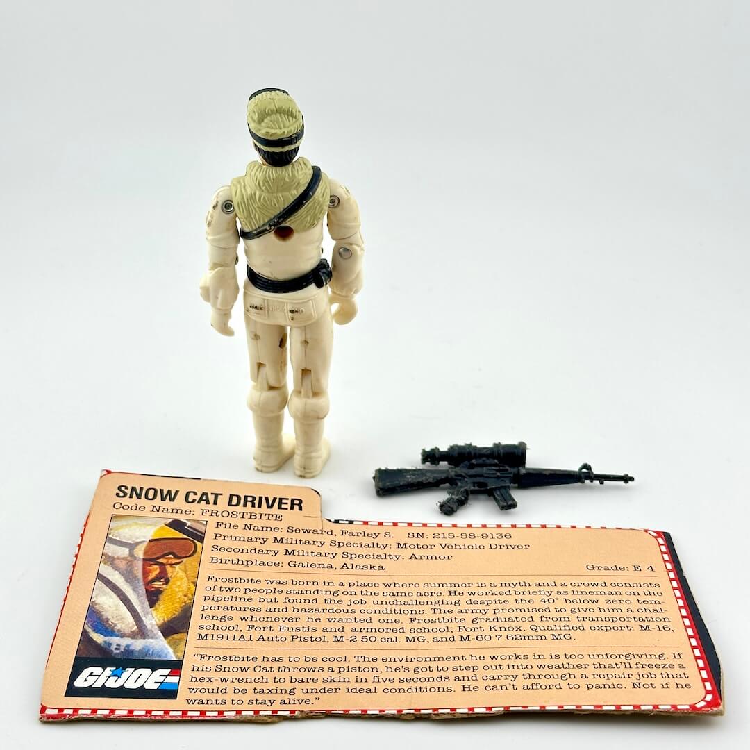 Back of GI Joe action figure with accessory and card against white background.