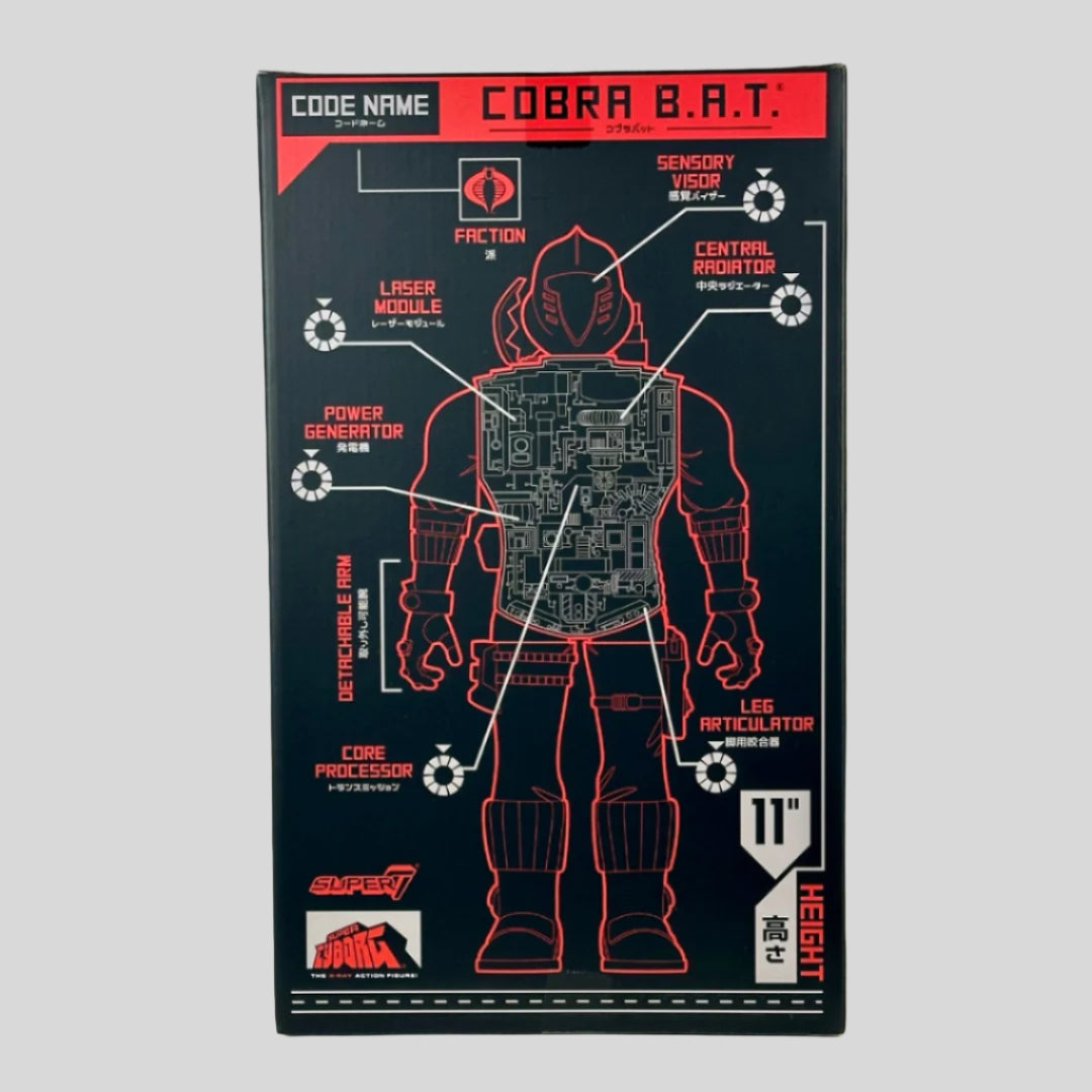 Back of box with robot schematic in black, white, & red text in English & Japanese.