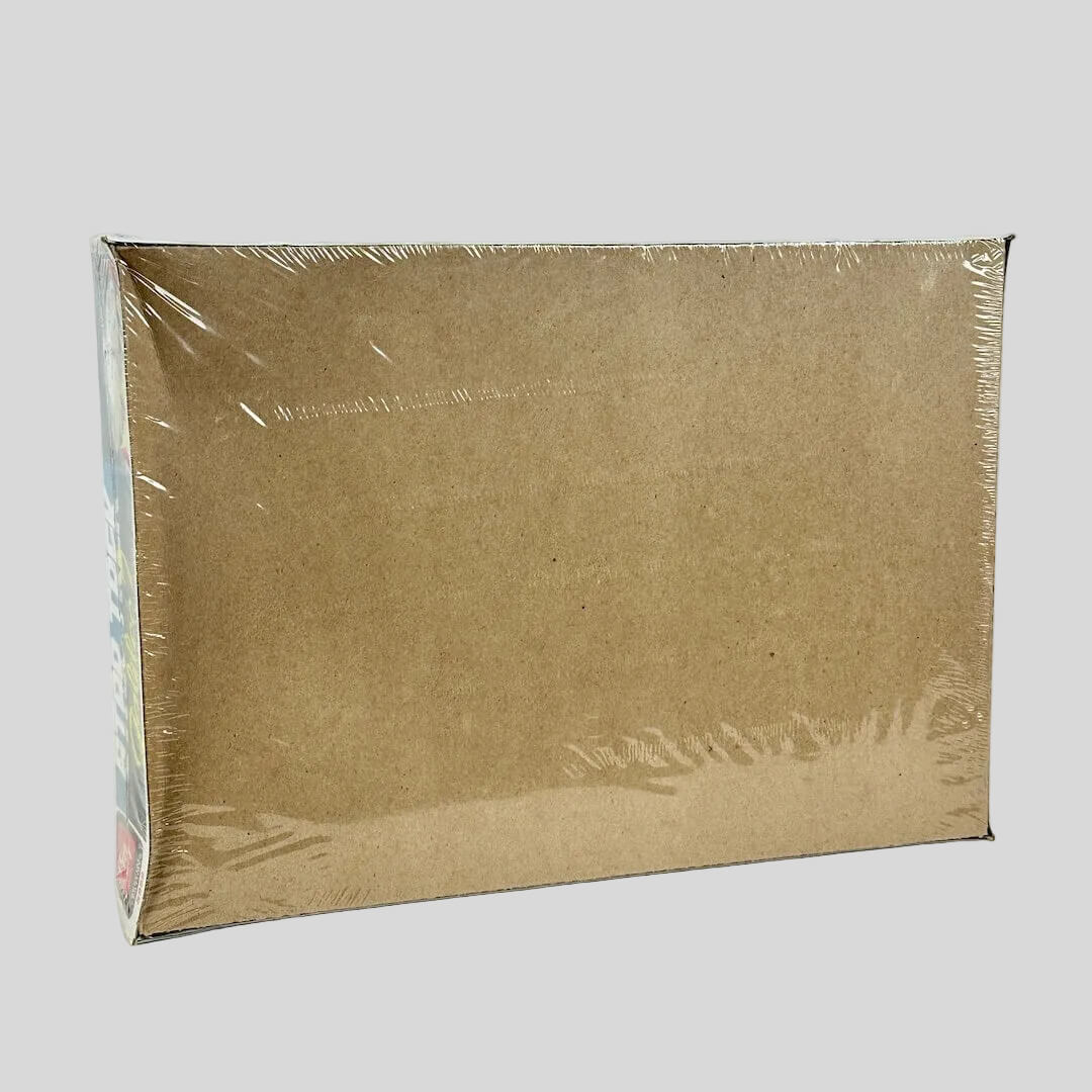 Cardboard box with clear plastic wrap on a white background
