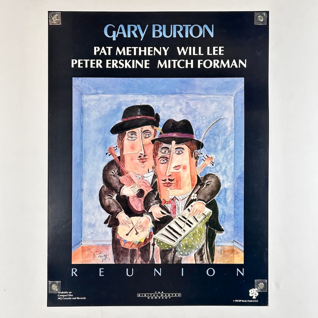 Poster with black border with text 'Gary Burton' and other names around an abstract portrait of two musicians.