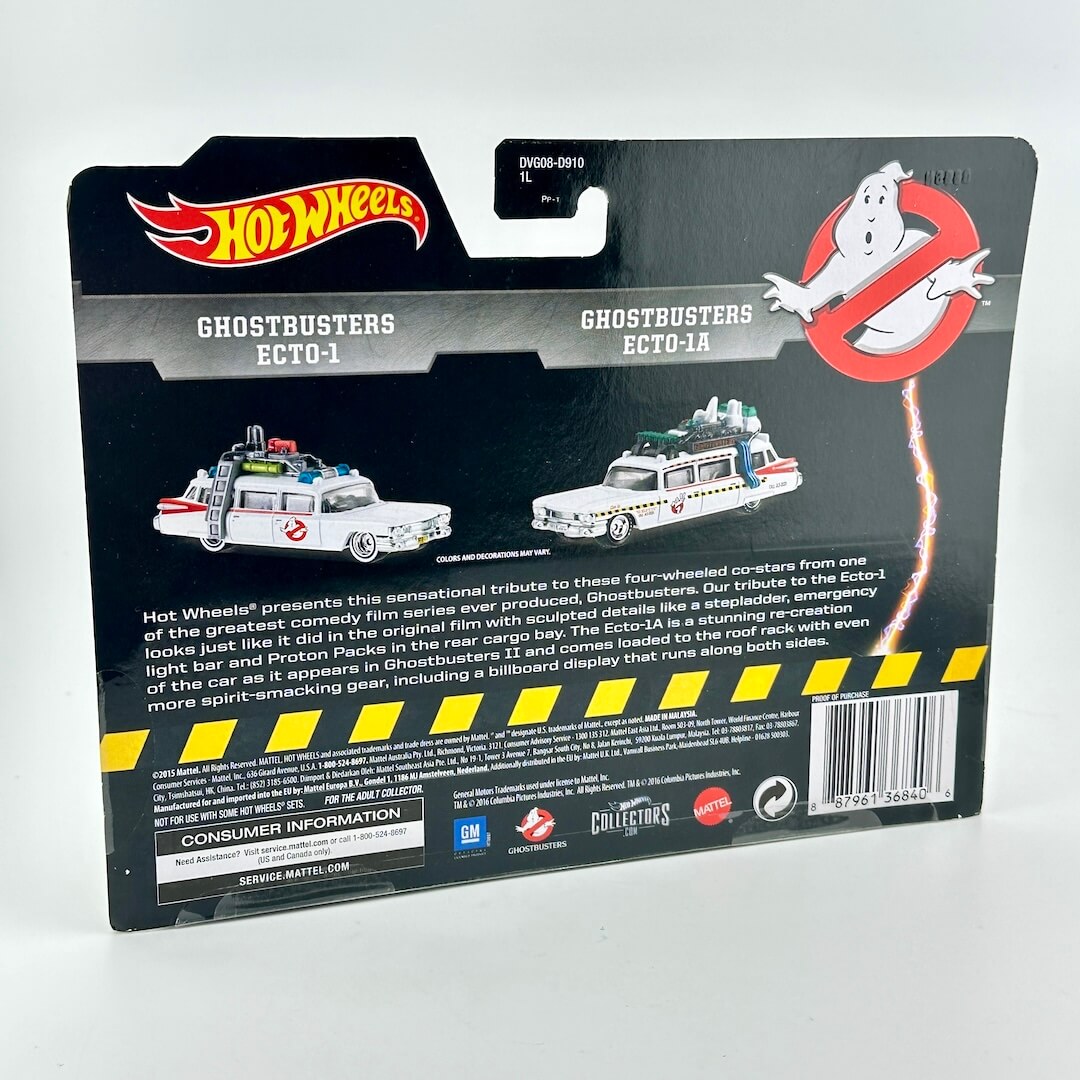 Hot Wheels Ghostbusters Ecto-1 toy car packaging on a white background