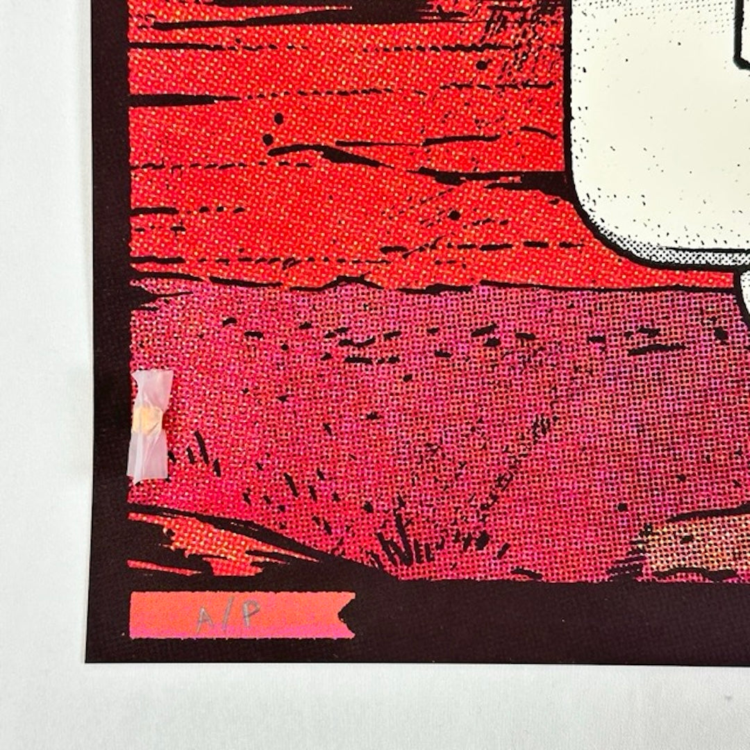 Red background with the letters AP written in pencil in the lower left corner.