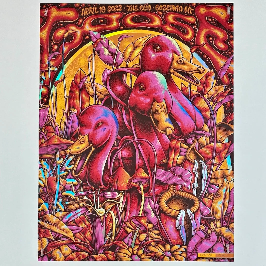 Poster features three geese nesting a bed of wildflowers & mushrooms in hot pink, various oranges with rainbow foil accents.