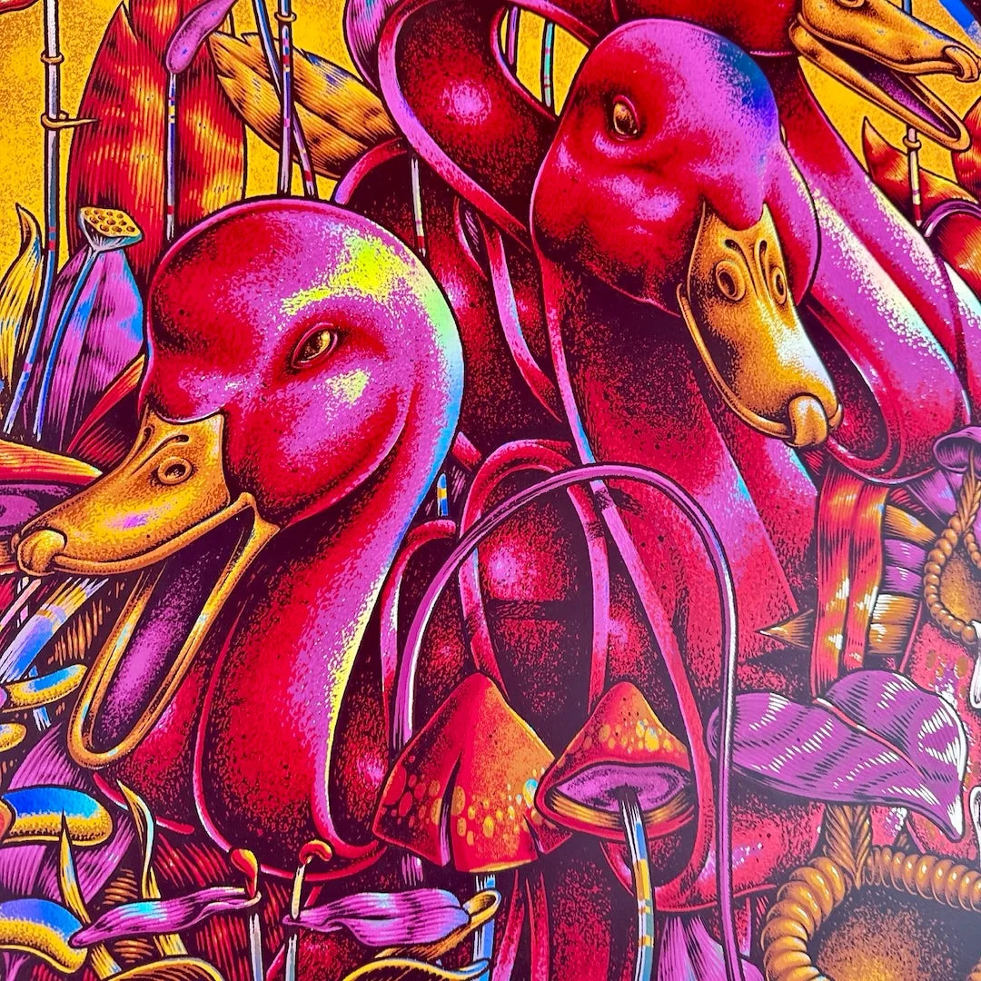 Poster features three geese nesting a bed of wildflowers & mushrooms in hot pink, various oranges with rainbow foil accents.