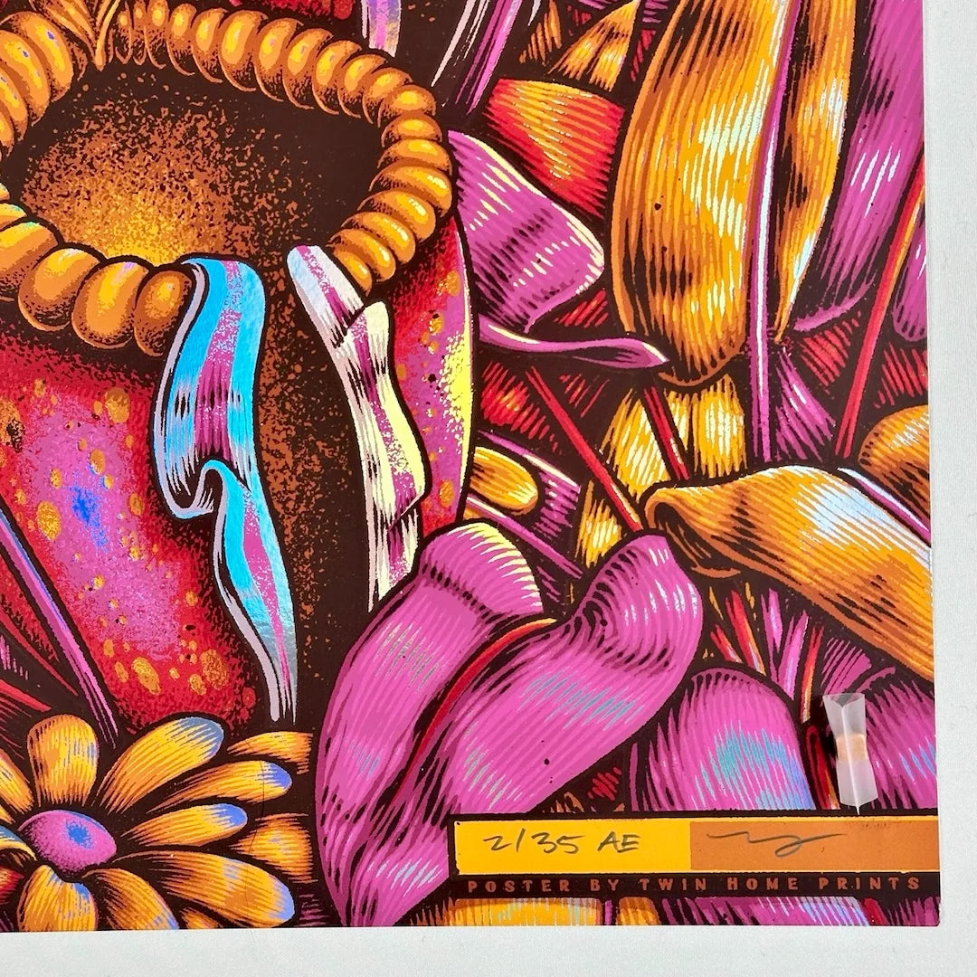 Closeup of corner with artist signature, artist edition initials, and poster number.