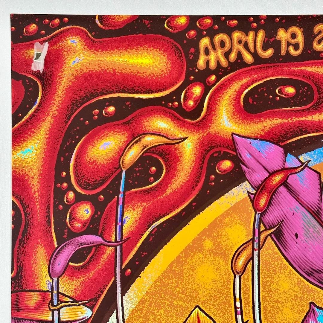 Top left corner with no damage. Red, orange, yellow background. Pink feathers in foreground.