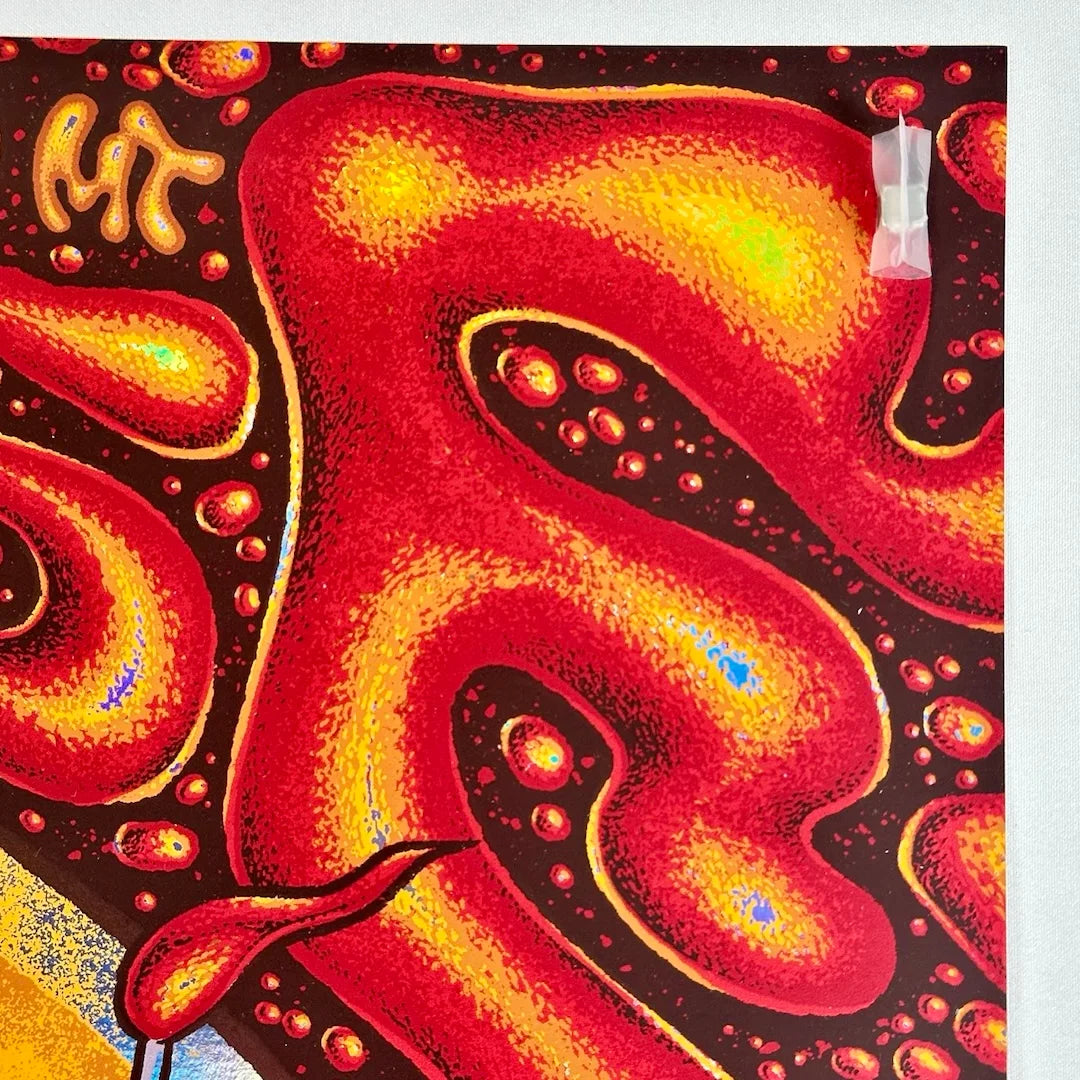 Top right corner with no damage. Red, orange, yellow background. Pink feathers in foreground.