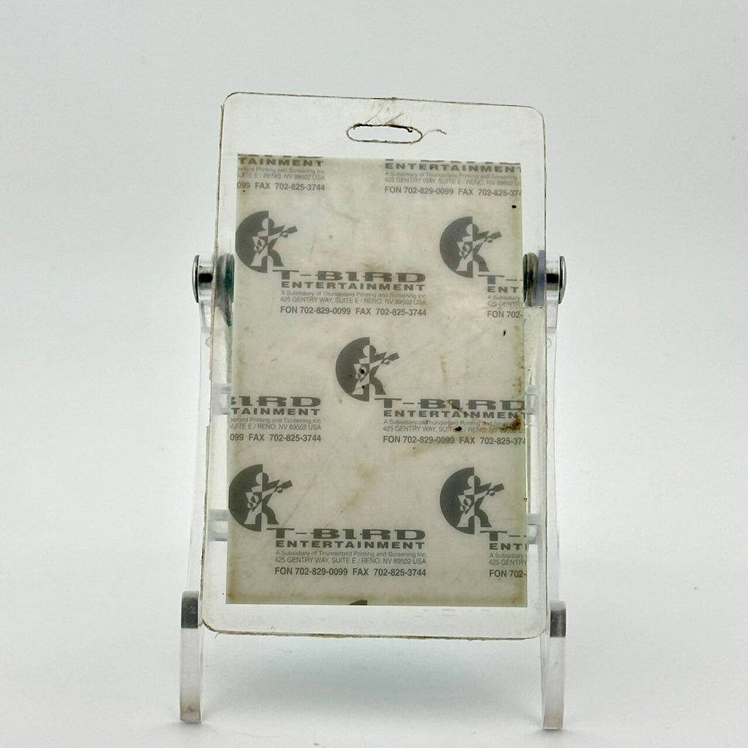 Backside of laminated pass to show T-Bird Entertainment information.