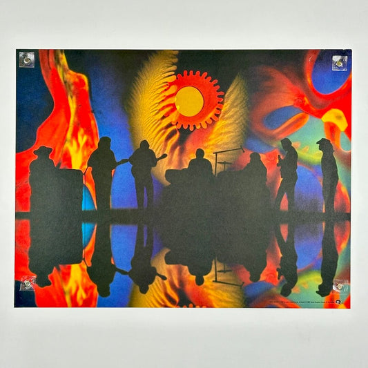 Colorful abstract design with silhouettes of band playing instruments.